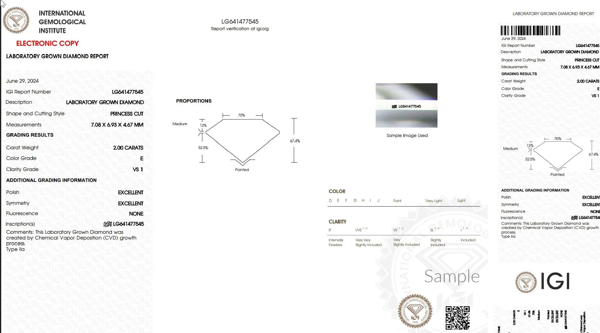 Laboratory grown diamond report showing 2 carat princess cut diamond specs and IGI grading