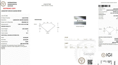 Laboratory grown diamond report showing 2 carat princess cut diamond specs and IGI grading