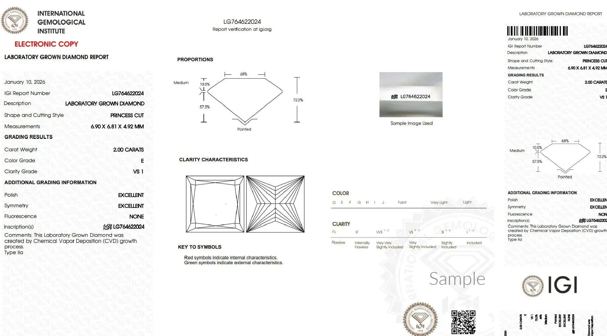 Lab grown diamond certificate showing 2 carat princess cut, E color, VS1 clarity report.