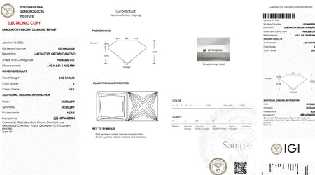 Lab grown diamond certificate showing 2 carat princess cut, E color, VS1 clarity report.