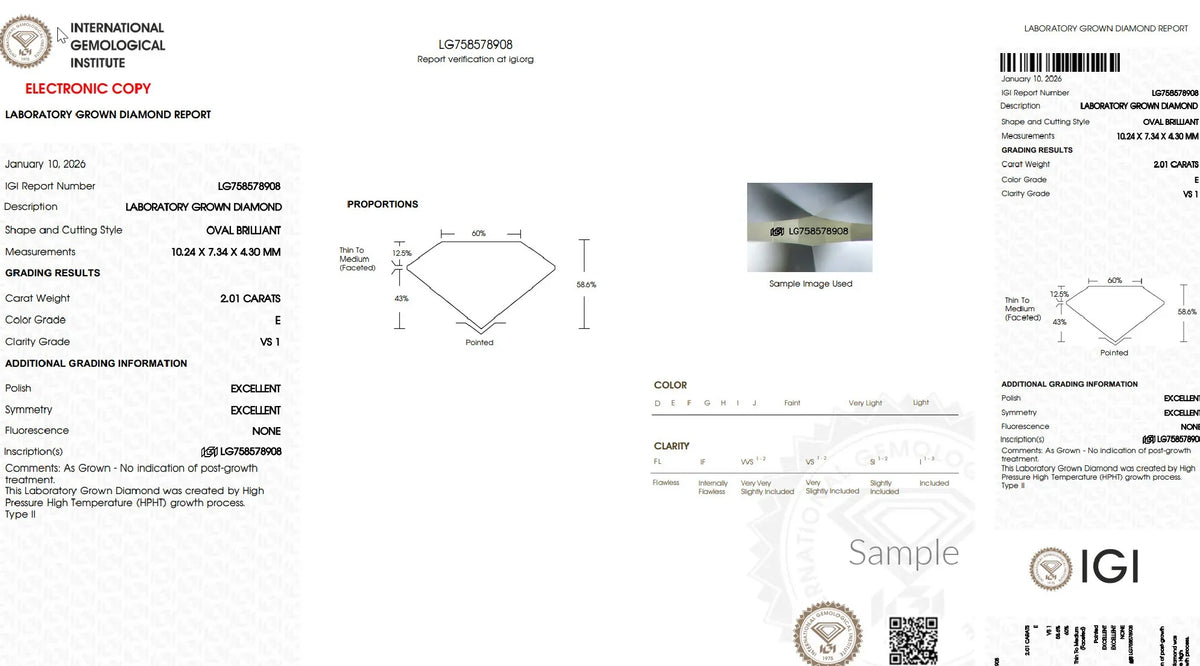 IGI lab grown diamond certification report showing oval brilliant 2.01 carat E color VS1 clarity