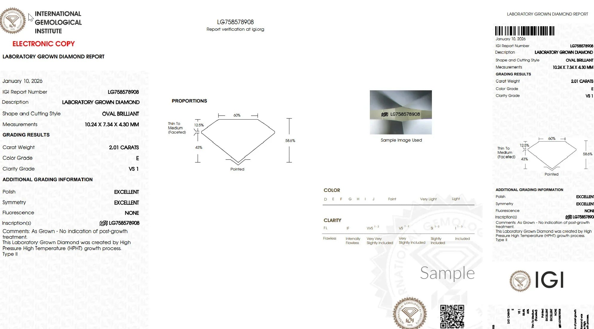 IGI lab grown diamond certification report showing oval brilliant 2.01 carat E color VS1 clarity
