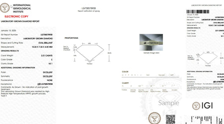 IGI lab grown diamond certification report showing oval brilliant 2.01 carat E color VS1 clarity