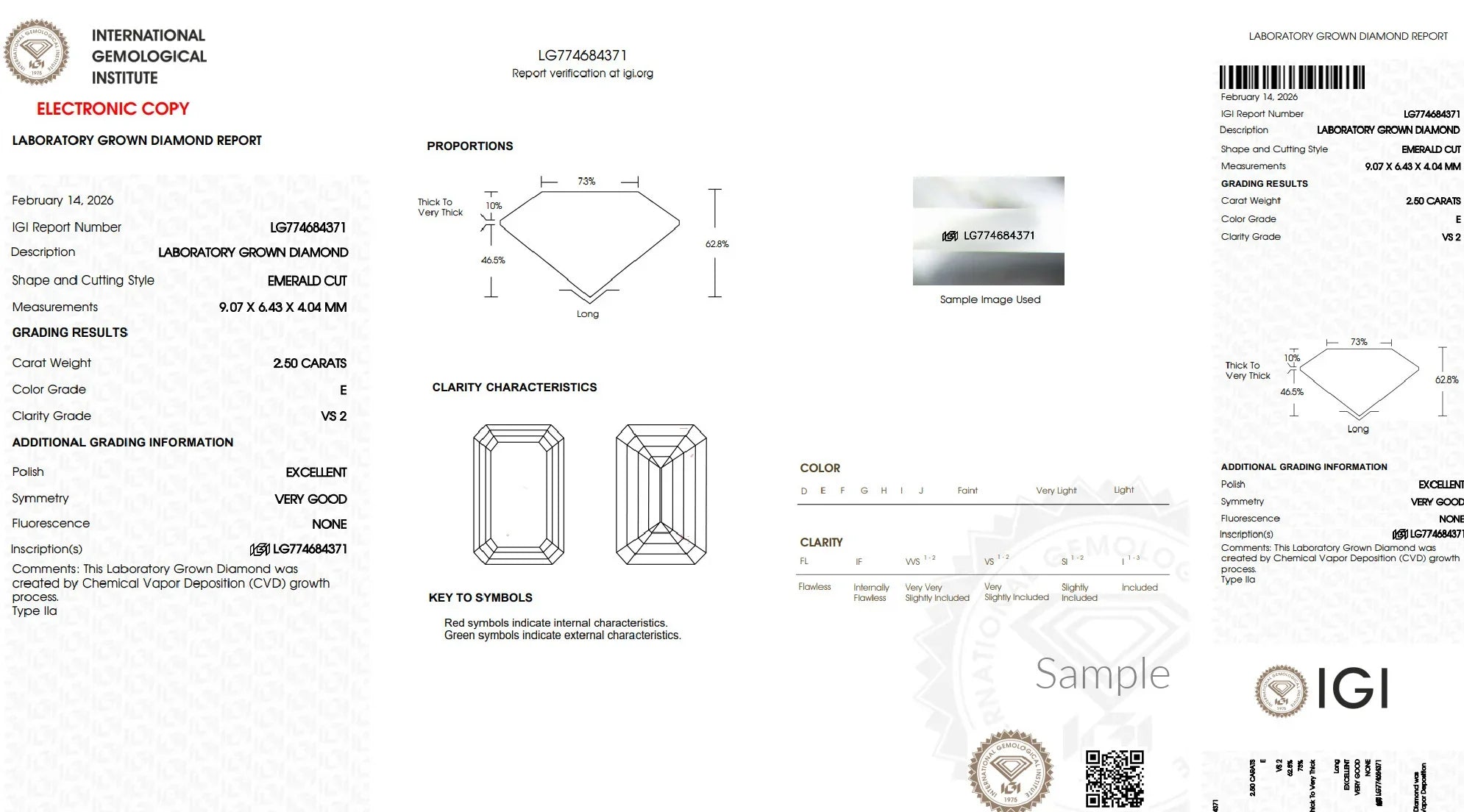 Laboratory grown diamond report for emerald cut, 2.50 carats, E color, VS2 clarity, IGI certified.