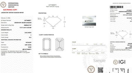 Laboratory grown diamond report for emerald cut, 2.50 carats, E color, VS2 clarity, IGI certified.