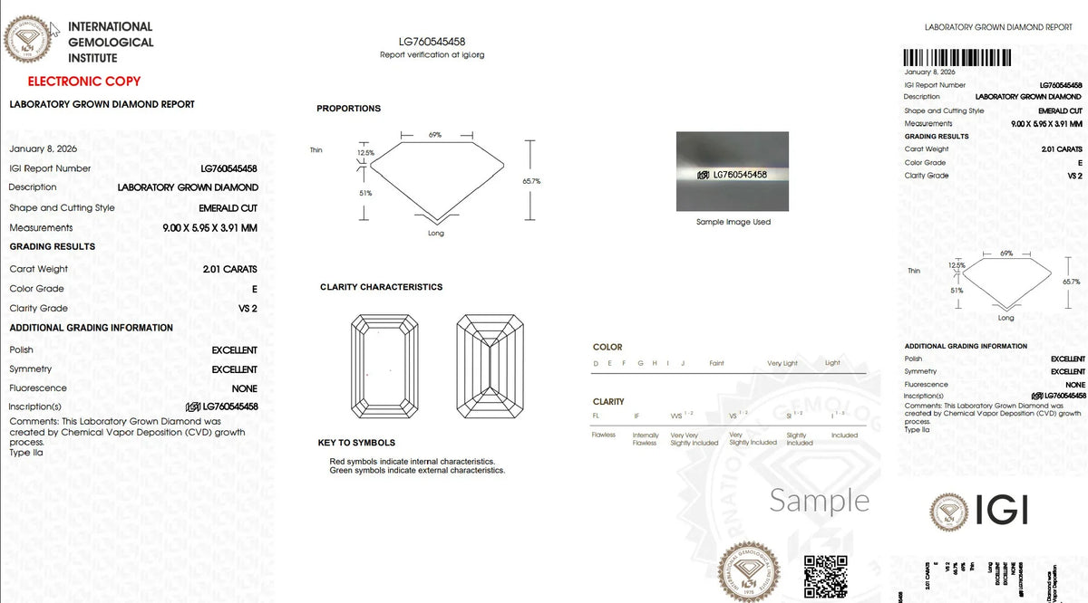 IGI laboratory grown diamond report for 2.01 carat emerald cut diamond, color E, clarity VS2
