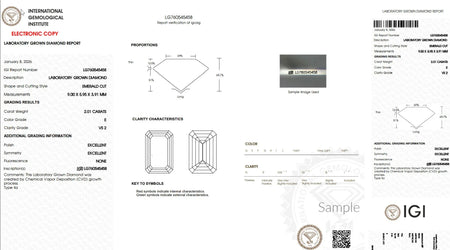 IGI laboratory grown diamond report for 2.01 carat emerald cut diamond, color E, clarity VS2