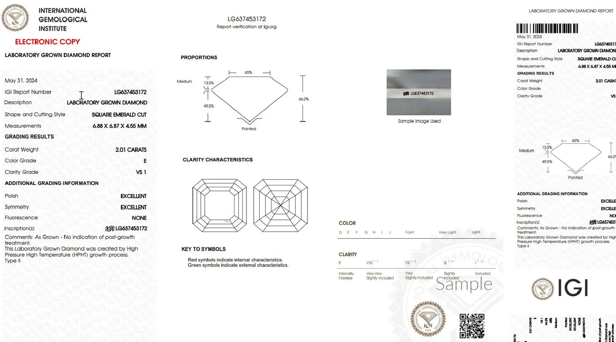 IGI lab grown diamond report for 2.01 carat square emerald cut, E color, VS1 clarity