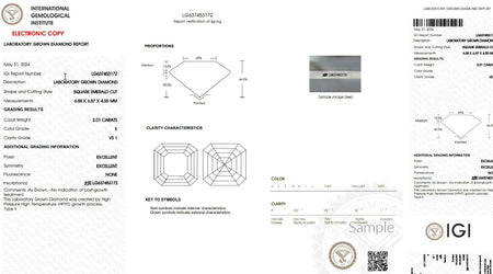 IGI lab grown diamond report for 2.01 carat square emerald cut, E color, VS1 clarity