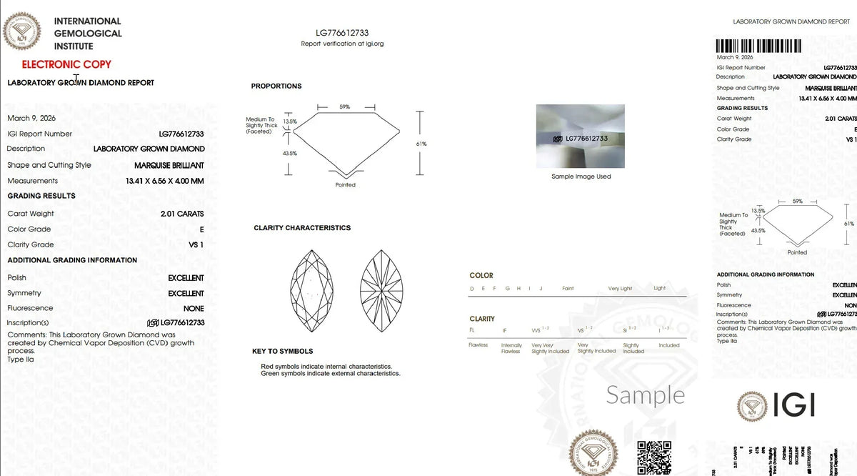 IGI lab-grown diamond report for 2.01 carat marquise brilliant, clarity VS1, color E