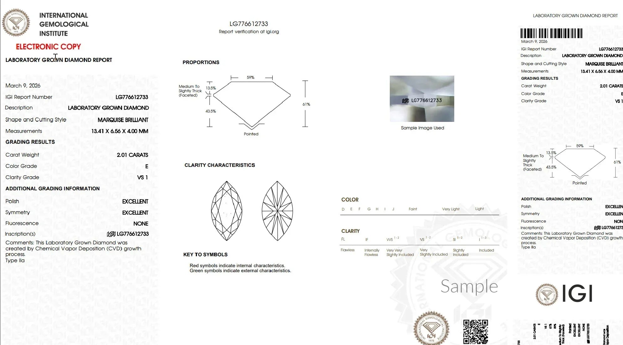 IGI lab-grown diamond report for 2.01 carat marquise brilliant, clarity VS1, color E