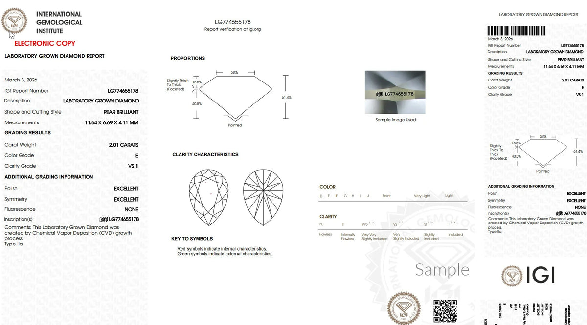 Laboratory grown diamond grading report for pear brilliant cut, 2.01 carats, E color, VS1 clarity.