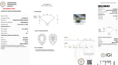 Laboratory grown diamond grading report for pear brilliant cut, 2.01 carats, E color, VS1 clarity.