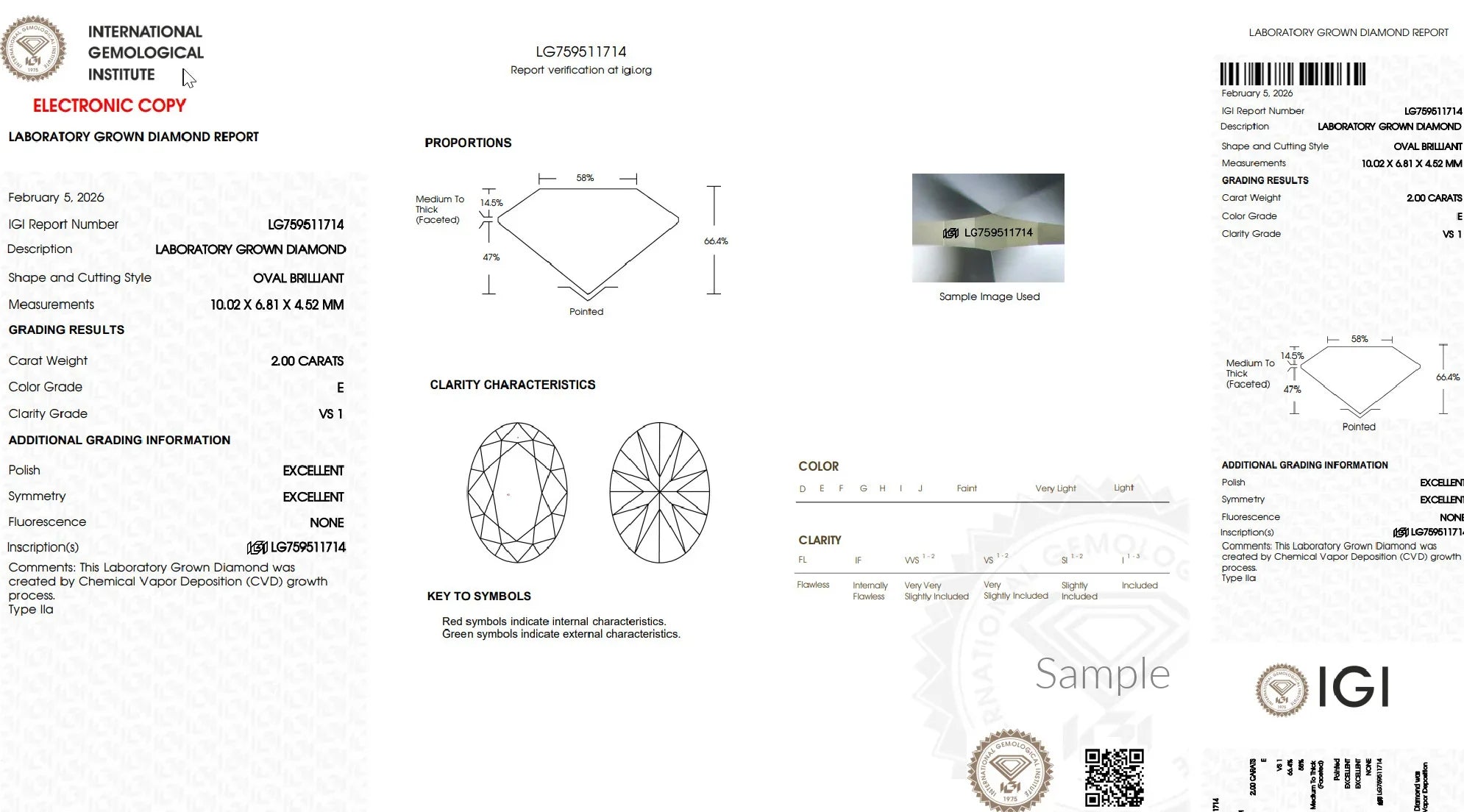 IGI laboratory grown diamond grading report for oval brilliant cut, 2.00 carat, VS1 clarity, E color