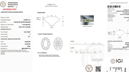 IGI laboratory grown diamond grading report for oval brilliant cut, 2.00 carat, VS1 clarity, E color