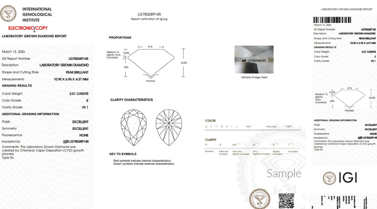 IGI lab grown diamond certificate for 2.01 carat pear brilliant, color grade E, clarity VS1
