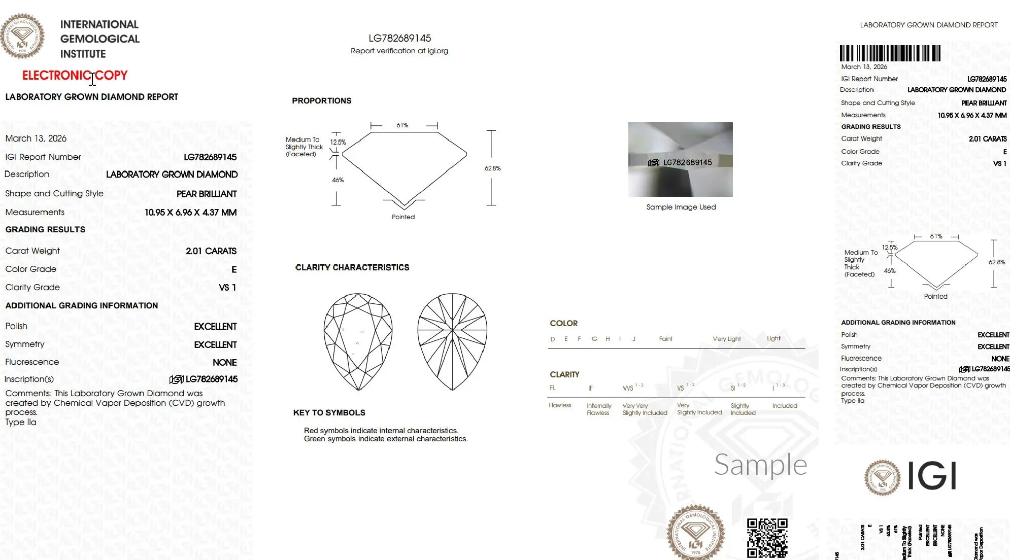 IGI lab grown diamond certificate for 2.01 carat pear brilliant, color grade E, clarity VS1