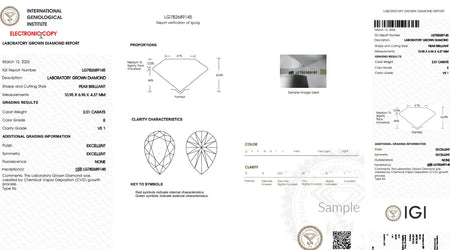 IGI lab grown diamond certificate for 2.01 carat pear brilliant, color grade E, clarity VS1