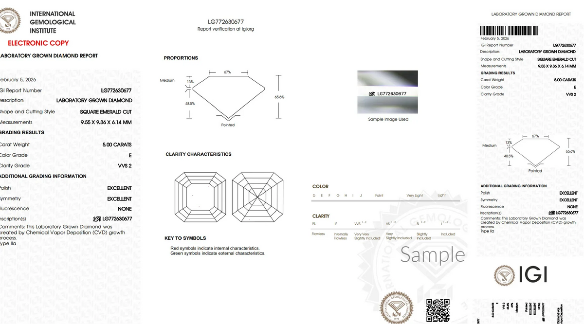 IGI lab grown diamond report for 5 carat square emerald cut, VVS2 clarity, E color