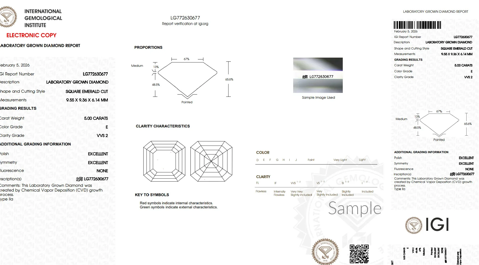 IGI lab grown diamond report for 5 carat square emerald cut, VVS2 clarity, E color