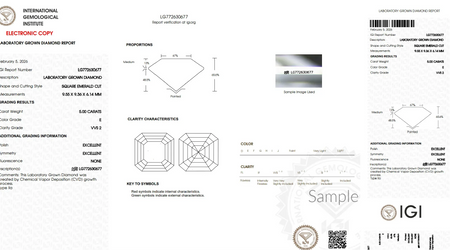 IGI lab grown diamond report for 5 carat square emerald cut, VVS2 clarity, E color
