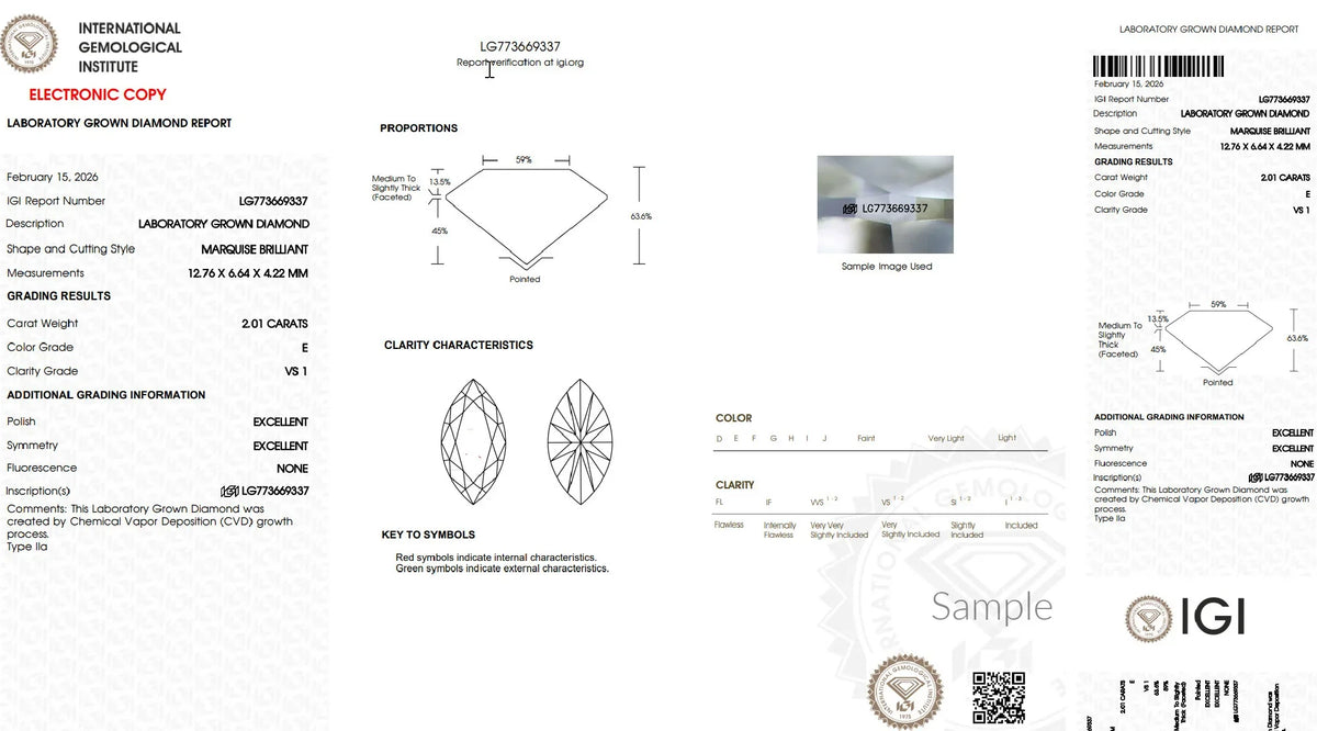 IGI lab grown diamond certificate, marquise brilliant, 2.01 carats, VS1 clarity, E color
