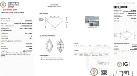 IGI lab grown diamond certificate, marquise brilliant, 2.01 carats, VS1 clarity, E color