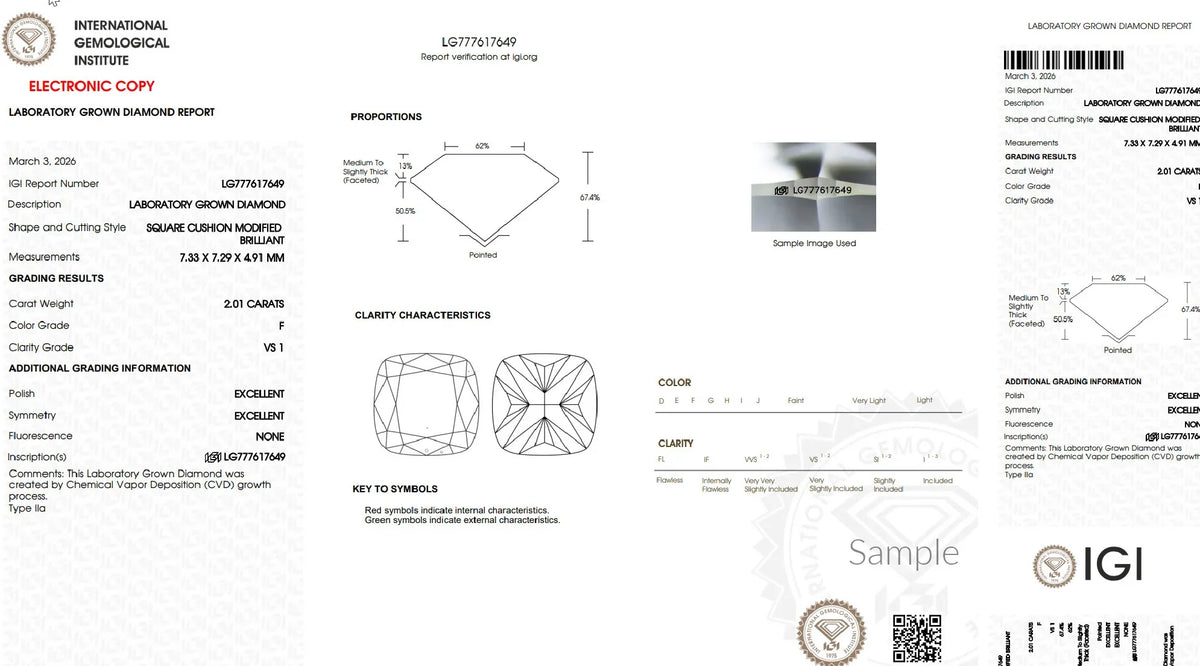 Lab-grown diamond IGI certification report showing 2.01 carat square cushion diamond details.