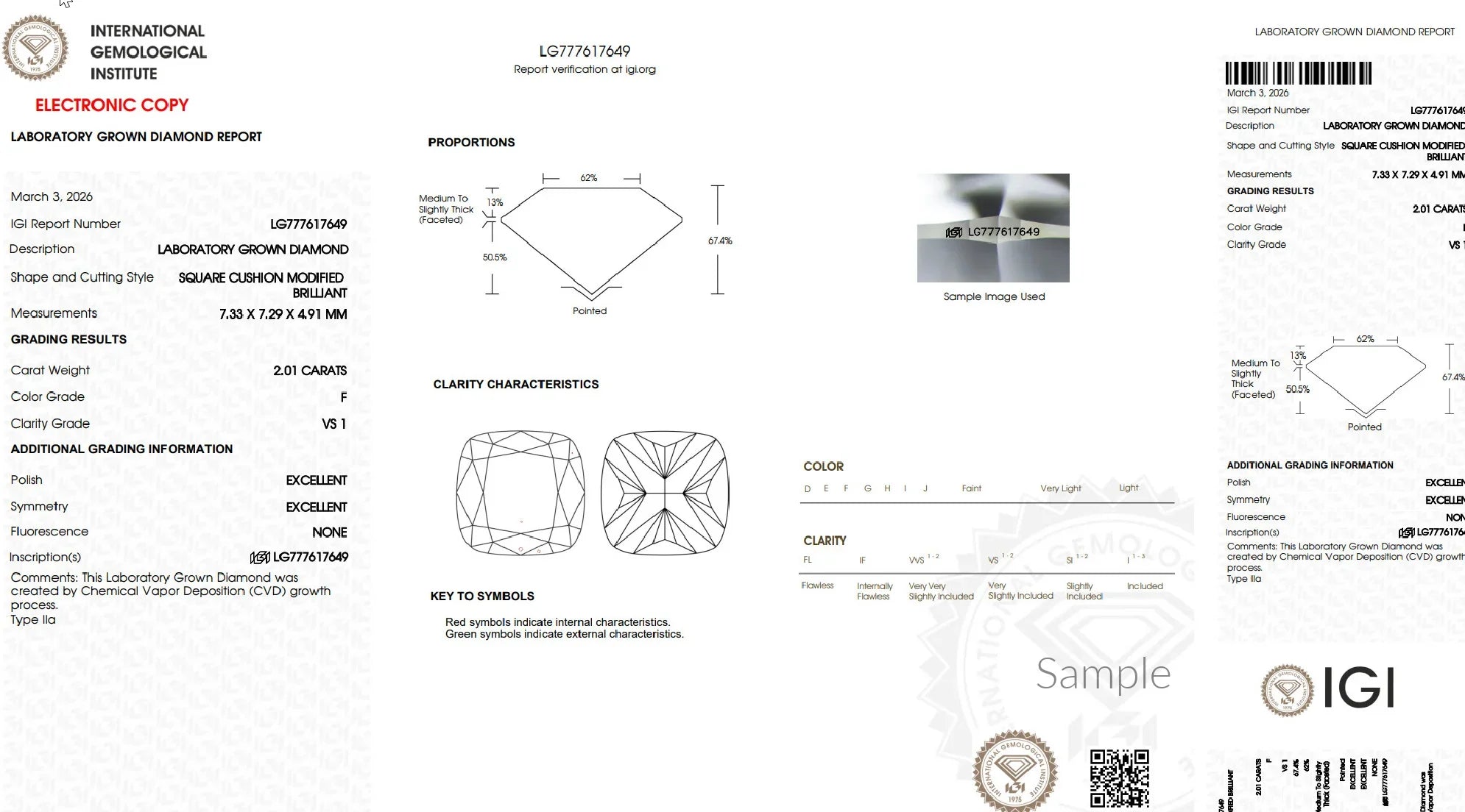 Lab-grown diamond IGI certification report showing 2.01 carat square cushion diamond details.