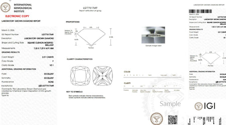 Lab-grown diamond IGI certification report showing 2.01 carat square cushion diamond details.