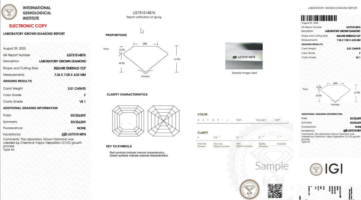 IGI laboratory grown diamond report for square emerald cut 2.01 carat F VS1 diamond