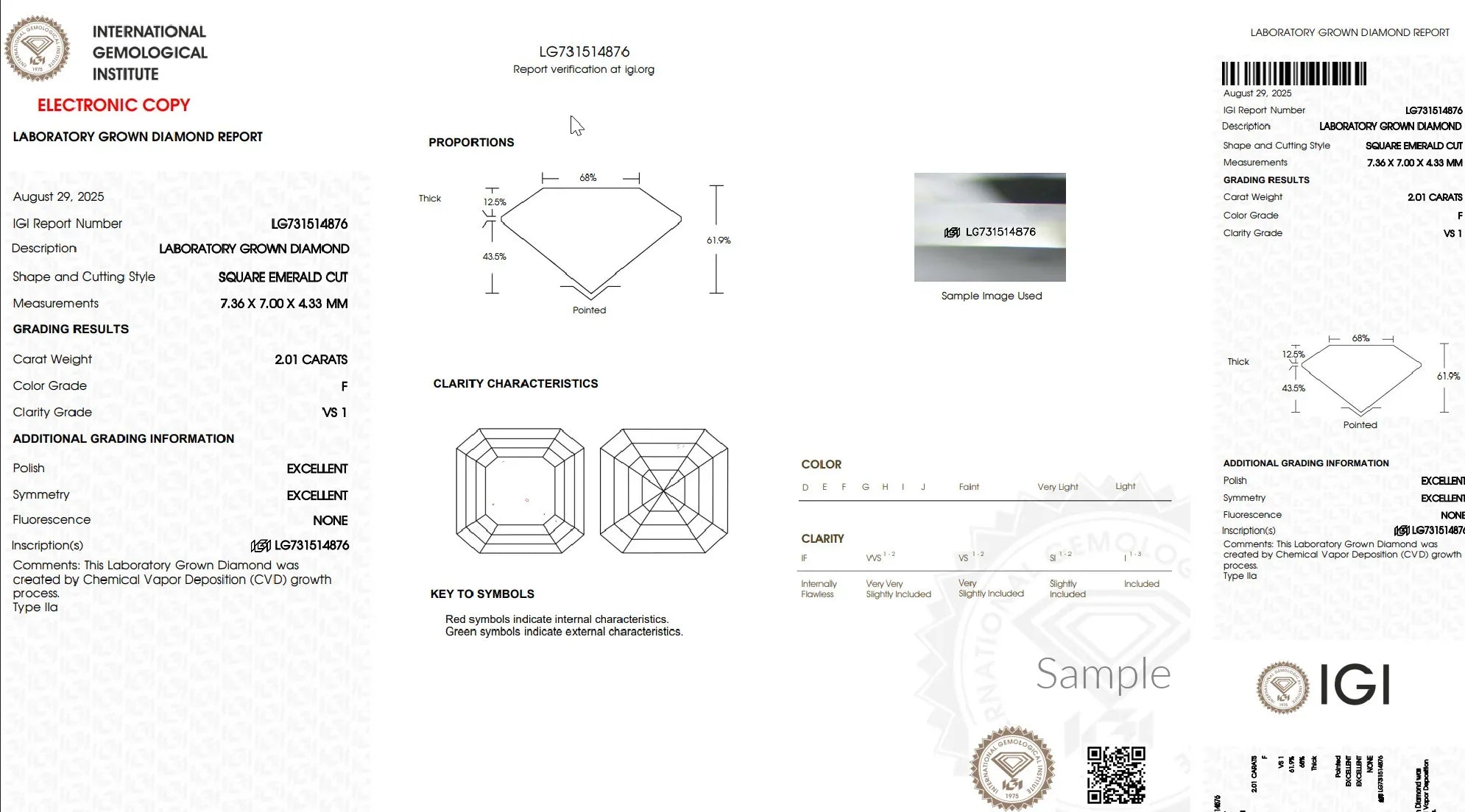 IGI laboratory grown diamond report for square emerald cut 2.01 carat F VS1 diamond