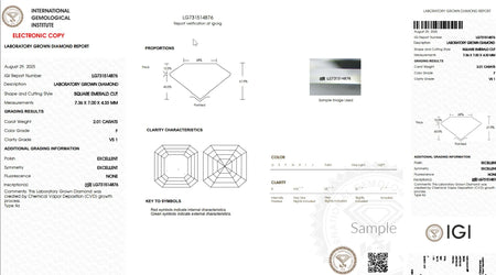 IGI laboratory grown diamond report for square emerald cut 2.01 carat F VS1 diamond