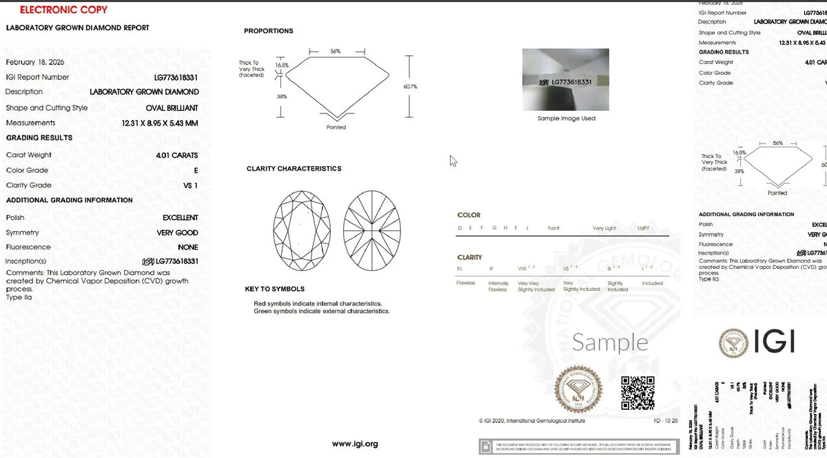 IGI laboratory grown diamond report for oval brilliant 4.01 carat E VS1 gemstone