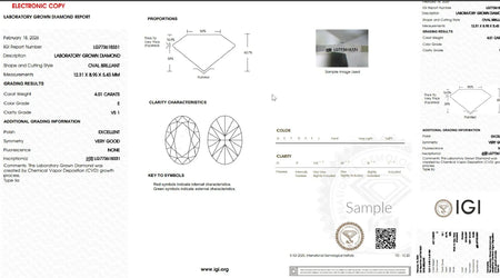 IGI laboratory grown diamond report for oval brilliant 4.01 carat E VS1 gemstone