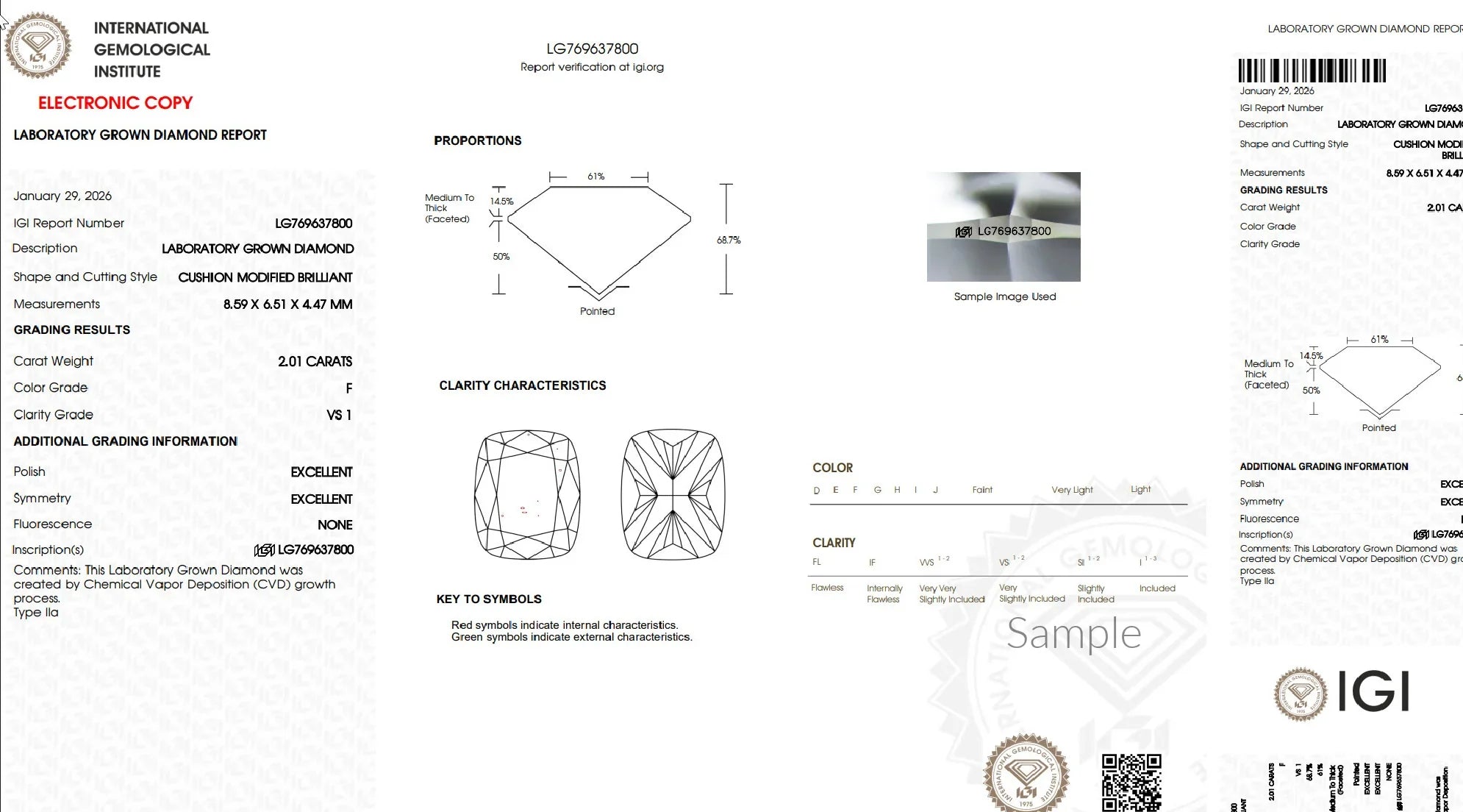 IGI Lab Grown Diamond Certificate for 2.01 Carat Cushion Modified Brilliant, F Color, VS1 Clarity