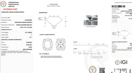 IGI Lab Grown Diamond Certificate for 2.01 Carat Cushion Modified Brilliant, F Color, VS1 Clarity