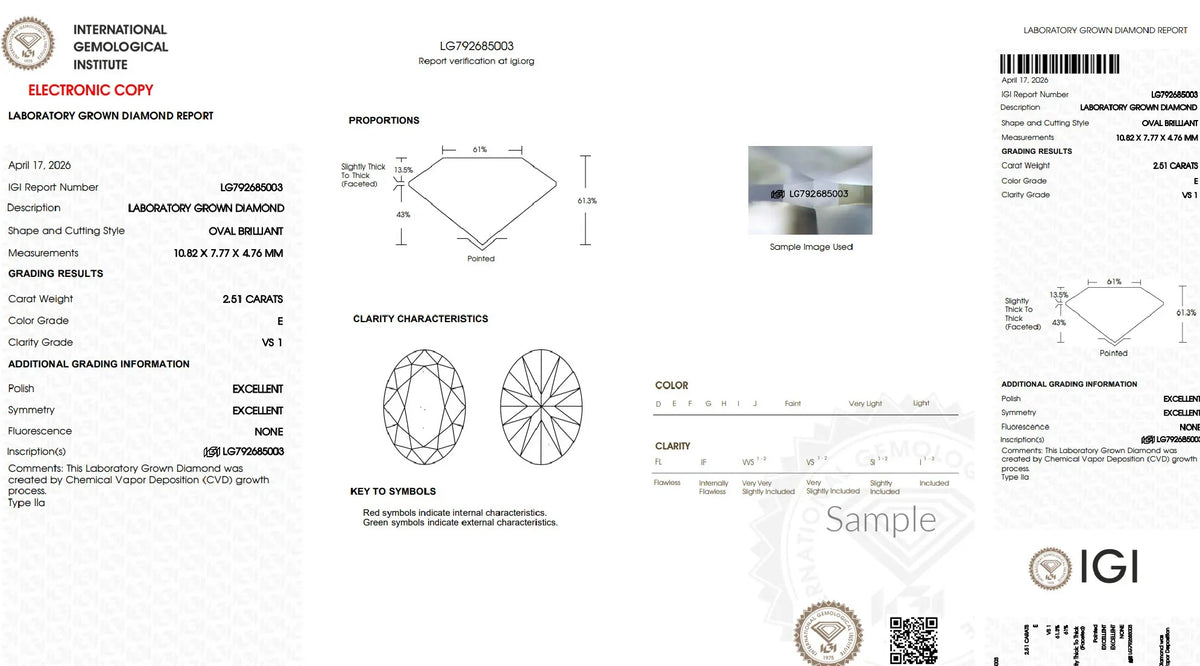 IGI lab-grown diamond certificate for 2.51ct oval brilliant, E color, VS1 clarity, excellent cut