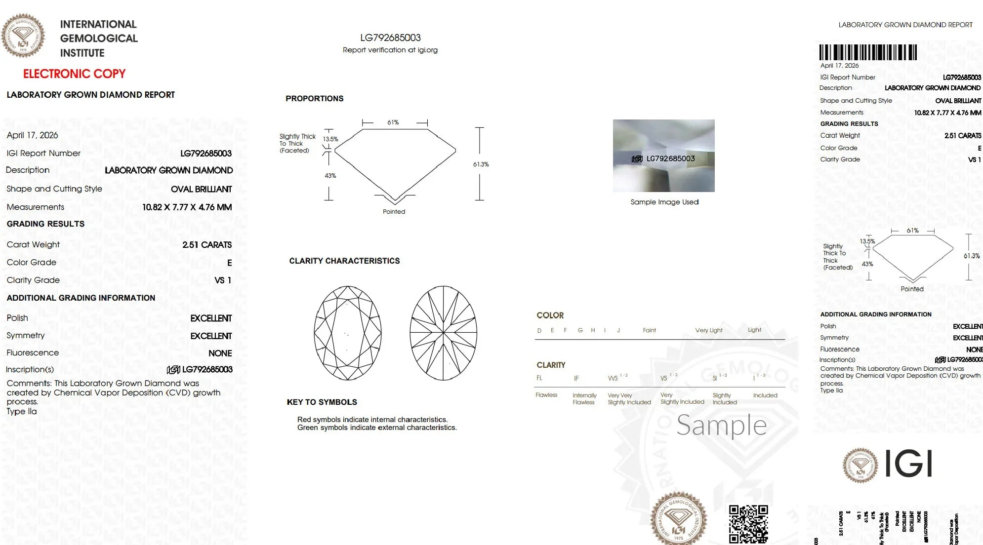 IGI lab-grown diamond certificate for 2.51ct oval brilliant, E color, VS1 clarity, excellent cut