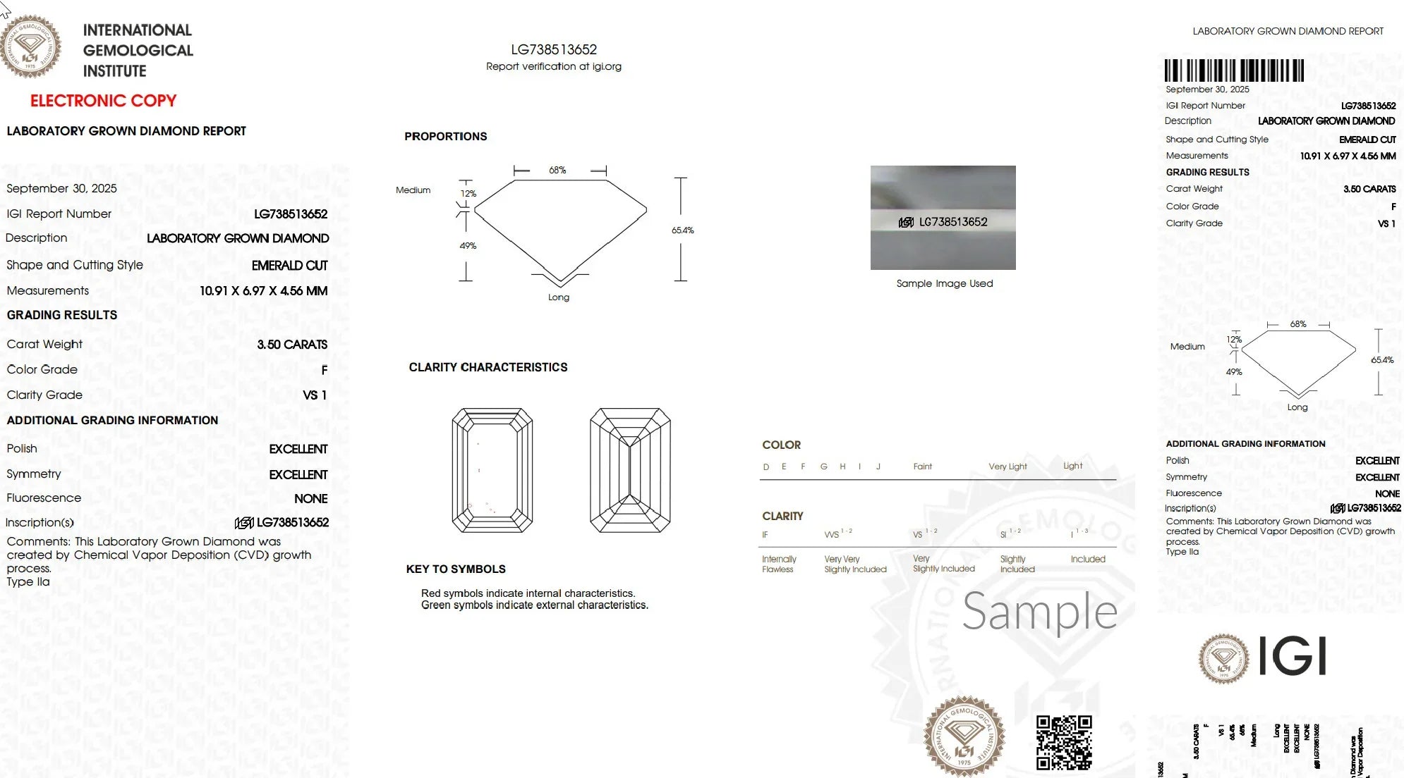 IGI diamond certificate for 3.50 carat emerald cut lab-grown diamond, F color, VS1 clarity