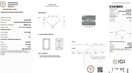 IGI diamond certificate for 3.50 carat emerald cut lab-grown diamond, F color, VS1 clarity