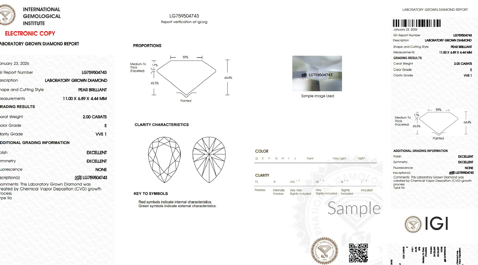 IGI laboratory grown diamond report for 2.00 carat pear brilliant, VVS1 clarity, E color