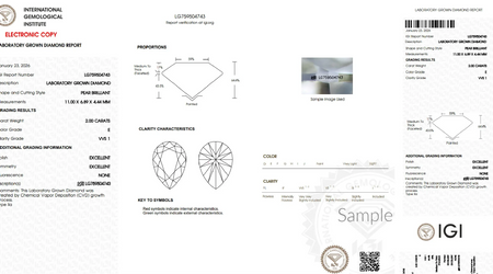 IGI laboratory grown diamond report for 2.00 carat pear brilliant, VVS1 clarity, E color