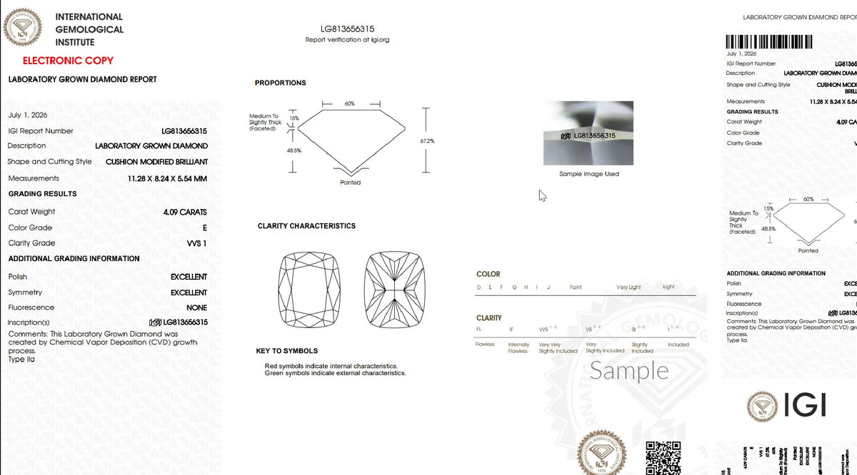 IGI Lab Grown Diamond Certificate for 4.09 Carat Cushion Modified Brilliant Cut