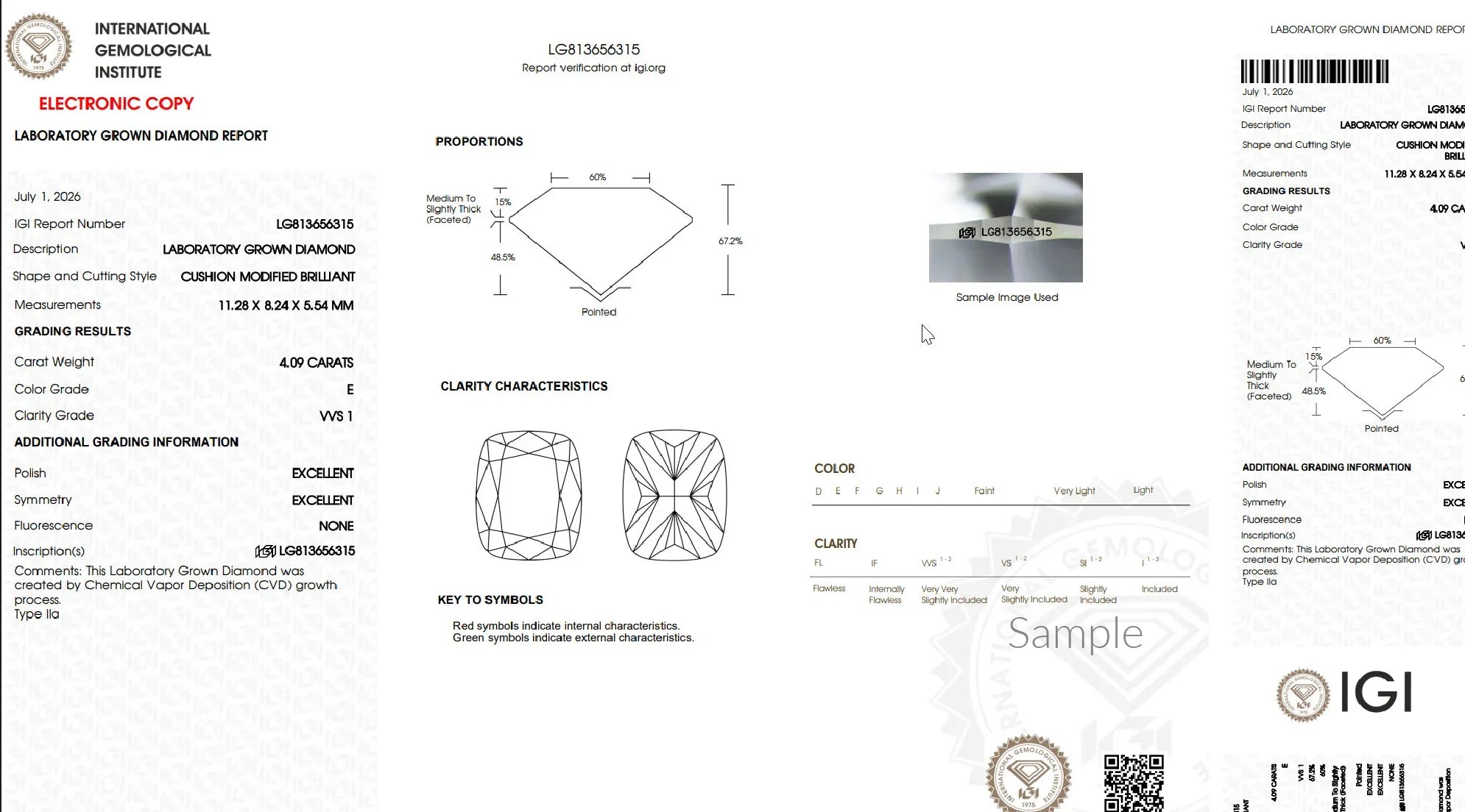 IGI Lab Grown Diamond Certificate for 4.09 Carat Cushion Modified Brilliant Cut
