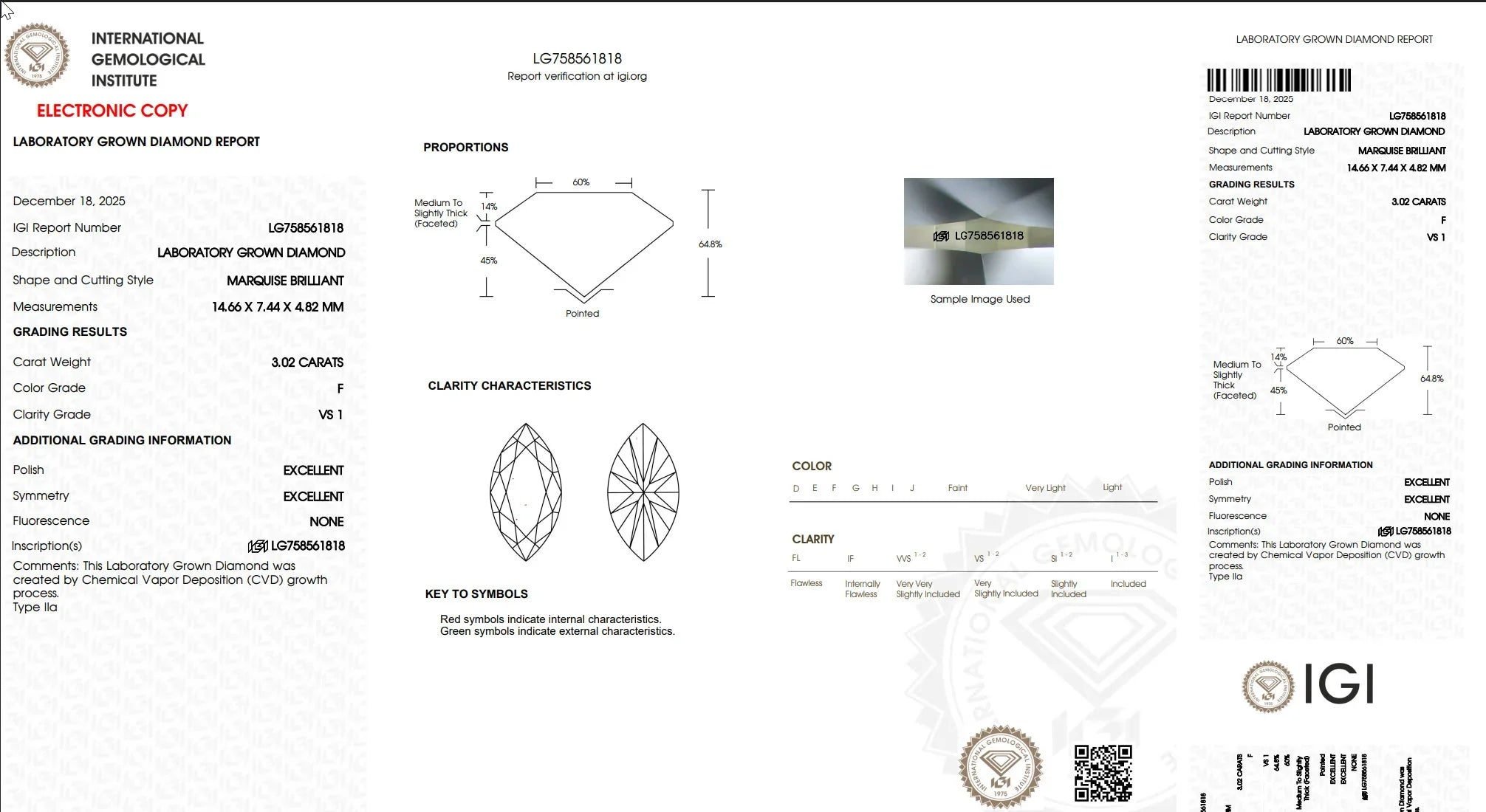 IGI laboratory grown diamond report for a 3.02 carat marquise brilliant cut, F color, VS1 clarity