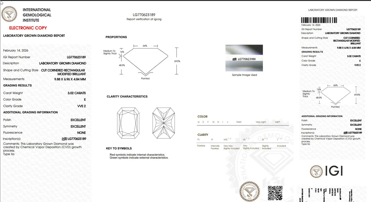 Laboratory grown diamond report detailing a 3.02 carat rectangular modified brilliant diamond, VVS2 clarity, E color.