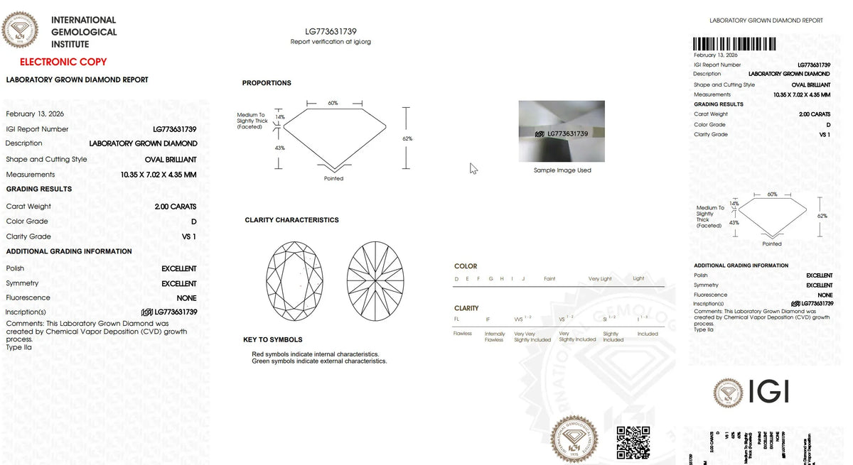 IGI laboratory grown diamond report for a 2.00 carat oval brilliant, D color, VS1 clarity