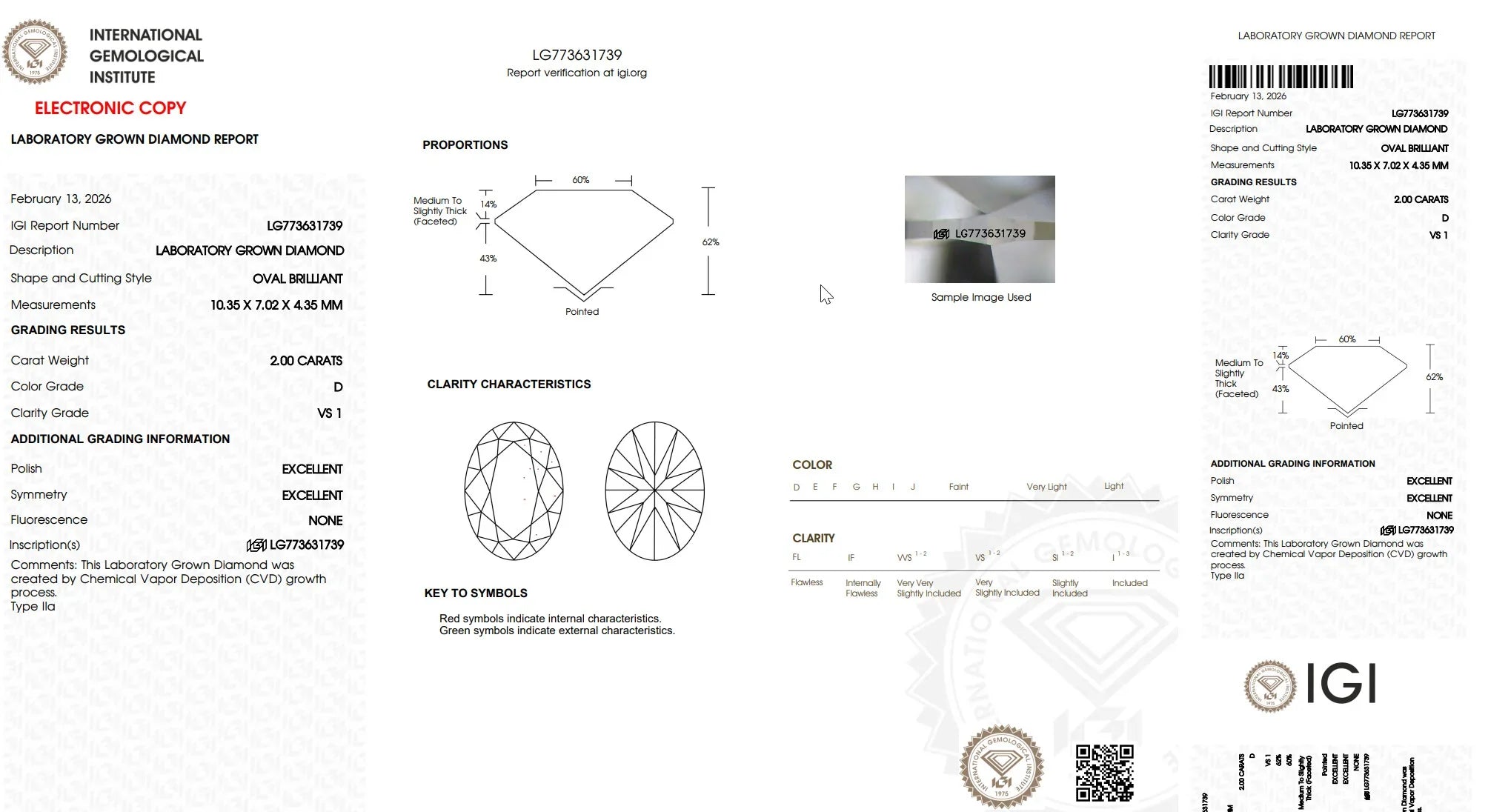 IGI laboratory grown diamond report for a 2.00 carat oval brilliant, D color, VS1 clarity