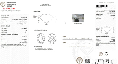 IGI laboratory grown diamond report for a 2.00 carat oval brilliant, D color, VS1 clarity
